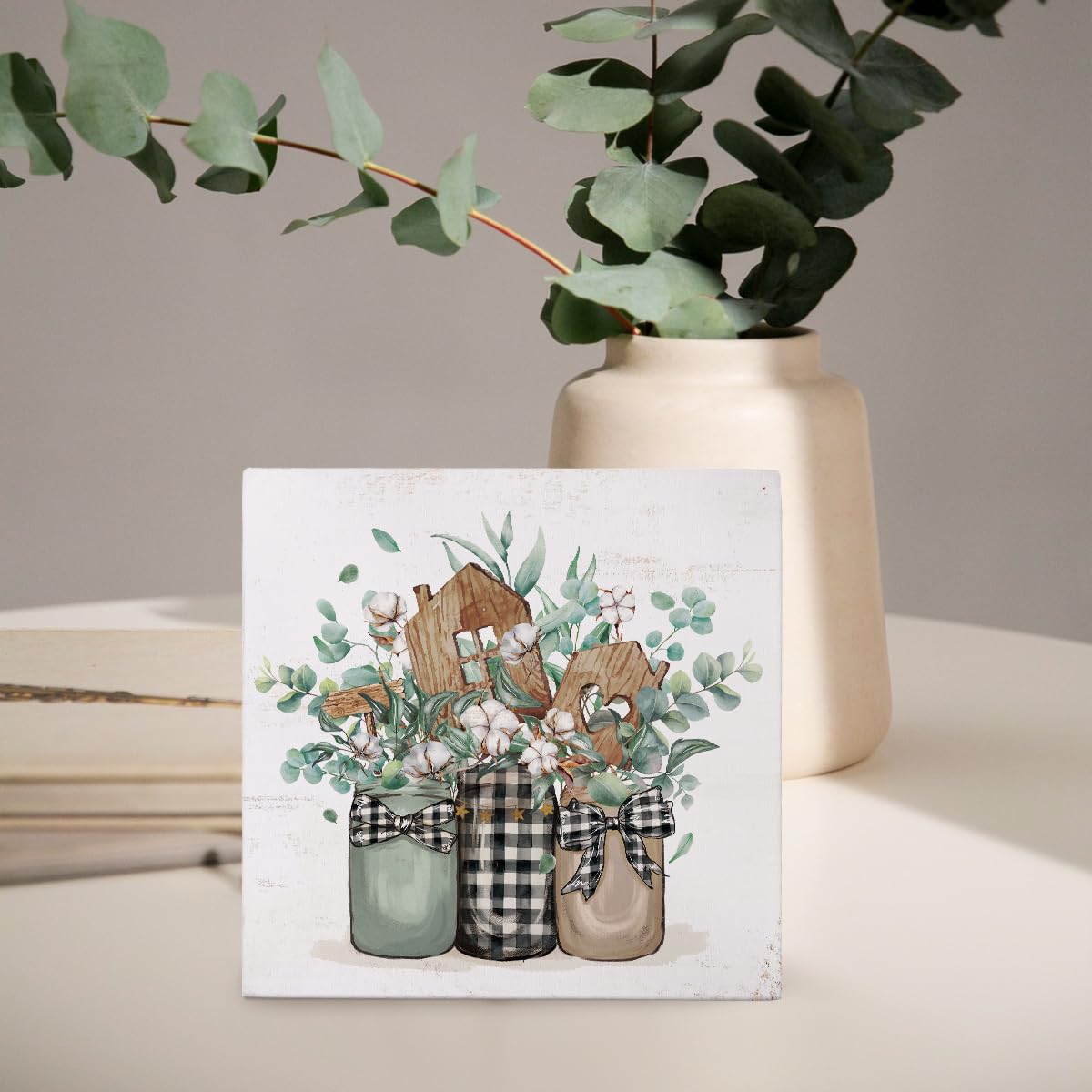 Yetmadi Spring Eucalyptus Leaves Sign Wood Box Desk Decor,Eucalyptus Decor,Sage Green Eucalyptus Leaves Wooden Block Box Sign Decoration for Farmhouse Shelf Table Decor,5x5 Inch Yetmadi