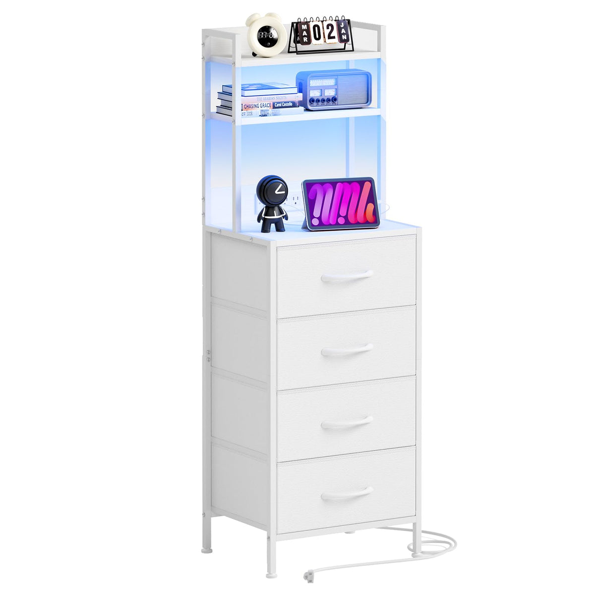 Fixwal 47 Inch Tall Nightstand with Charging Station, Led Night Stand with Socket, 4 PU Finished Fabric Storage Drawers, Office, Bedside Table & Bookshelf in One, White Fixwal