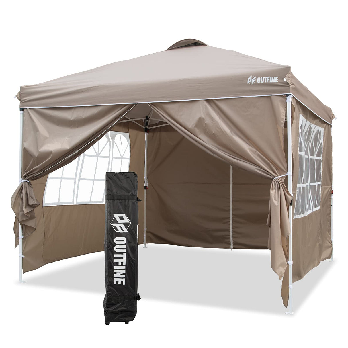 OUTFINE Patio Canopy 10'x10' Pop Up Commercial Instant Gazebo Tent, Outdoor Party Canopies with 4 Removable Sidewalls, Stakes x8, Ropes x4 (Khaki, 10 * 10FT) OUTFINE
