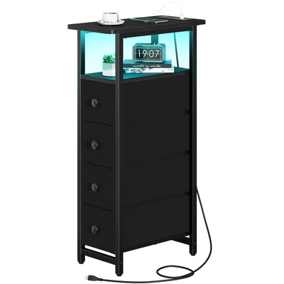 Yoobure Narrow Dresser for Bedroom, LED Skinny Nightstand with Charging Station, Small Dresser Night Stand, Slim Tall Bedside Table Storage Cabinet, Narrow Side Table for Small Spaces