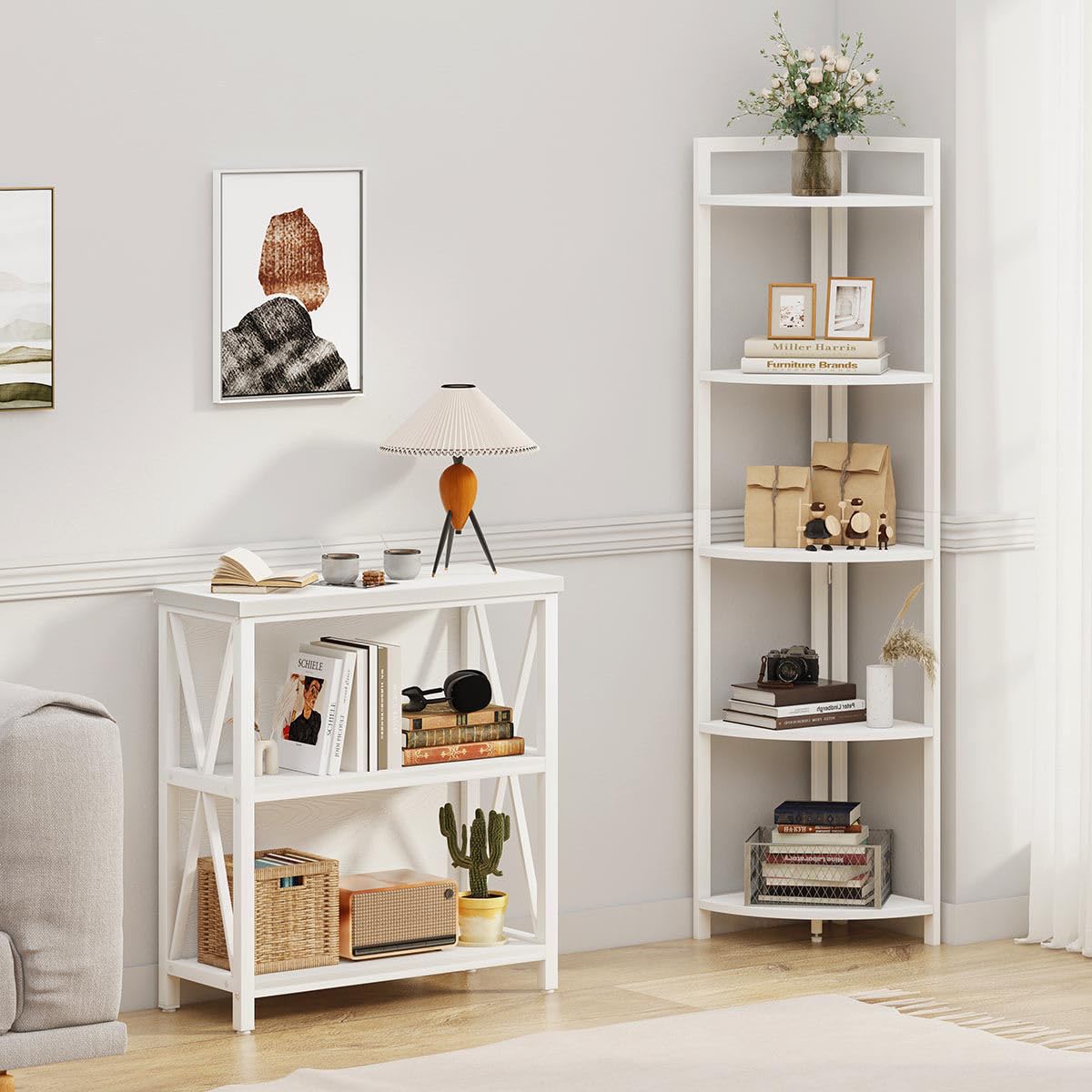 FATORRI Tall Corner Shelf, 5 Tier Modern Corner Bookshelf Stand, Wood and Metal Corner Plant Bookcase for Living Room, Home Office (White Oak) FATORRI