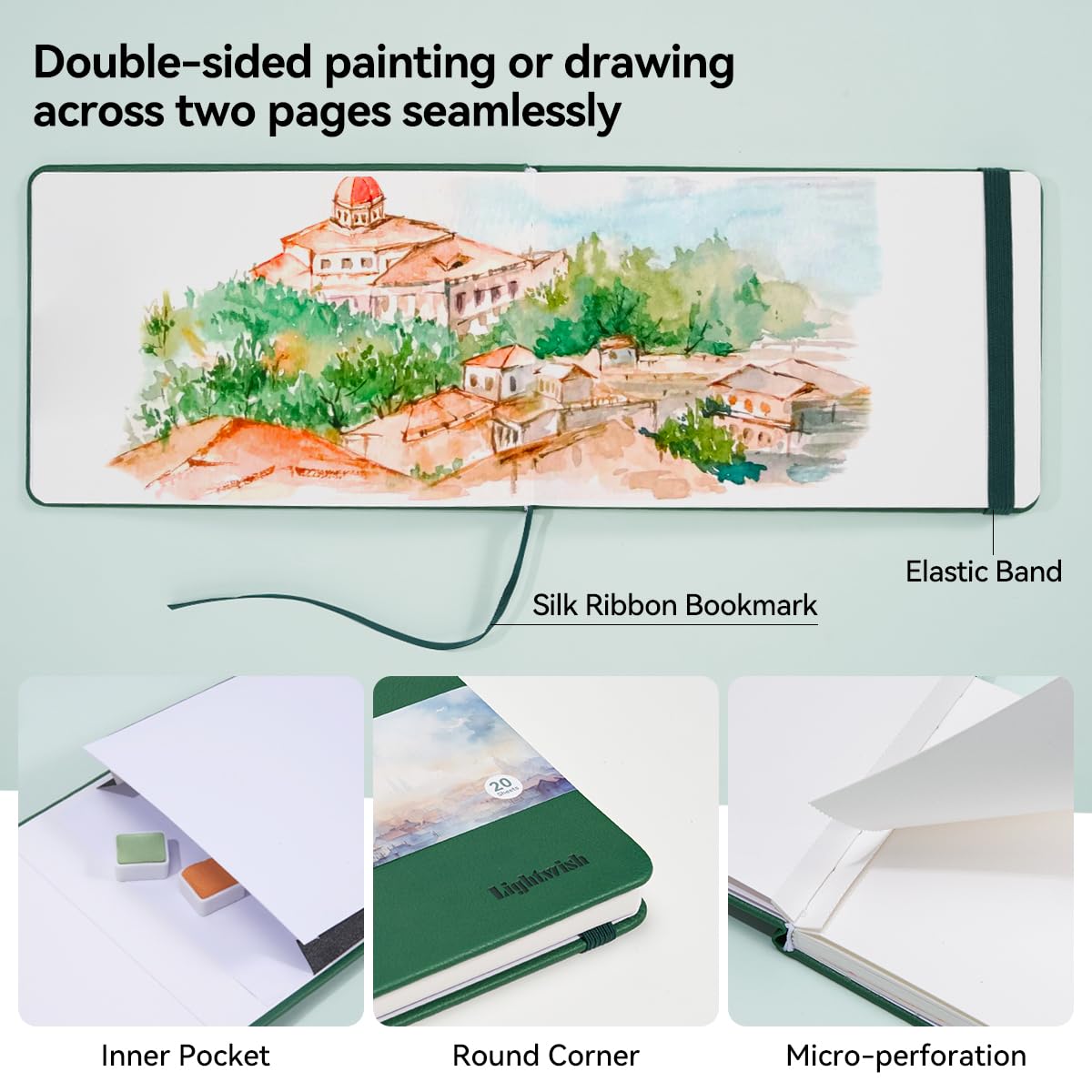 Lightwish Watercolor Journal, 100% Cotton Hot Press Art Supplies Watercolor Paper7.6” x 5.1”, 20 Sheets (140lb/300gsm), Acid-Free for Watercolors, Gouache, Acrylics LIGHTWISH