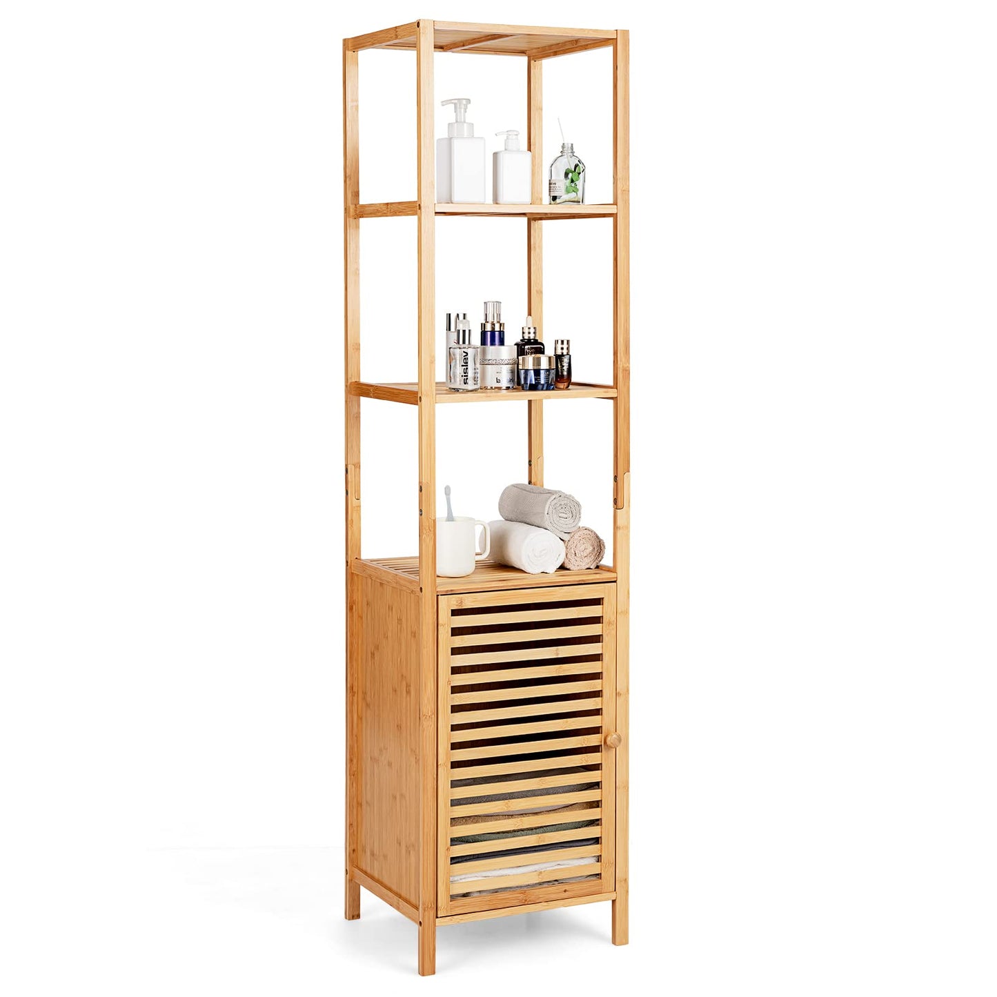 LOKO Tall Bamboo Cabinet, Slim Narrow Floor Storage Cabinet with 3 Tier Shelves & Shutter Door, Freestanding Linen Tower Cabinet for Bathroom, Living