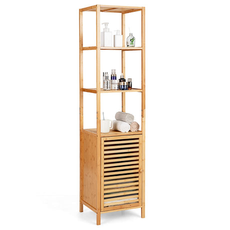 LOKO Tall Bamboo Cabinet, Slim Narrow Floor Storage Cabinet with 3 Tier Shelves & Shutter Door, Freestanding Linen Tower Cabinet for Bathroom, Living LOKO