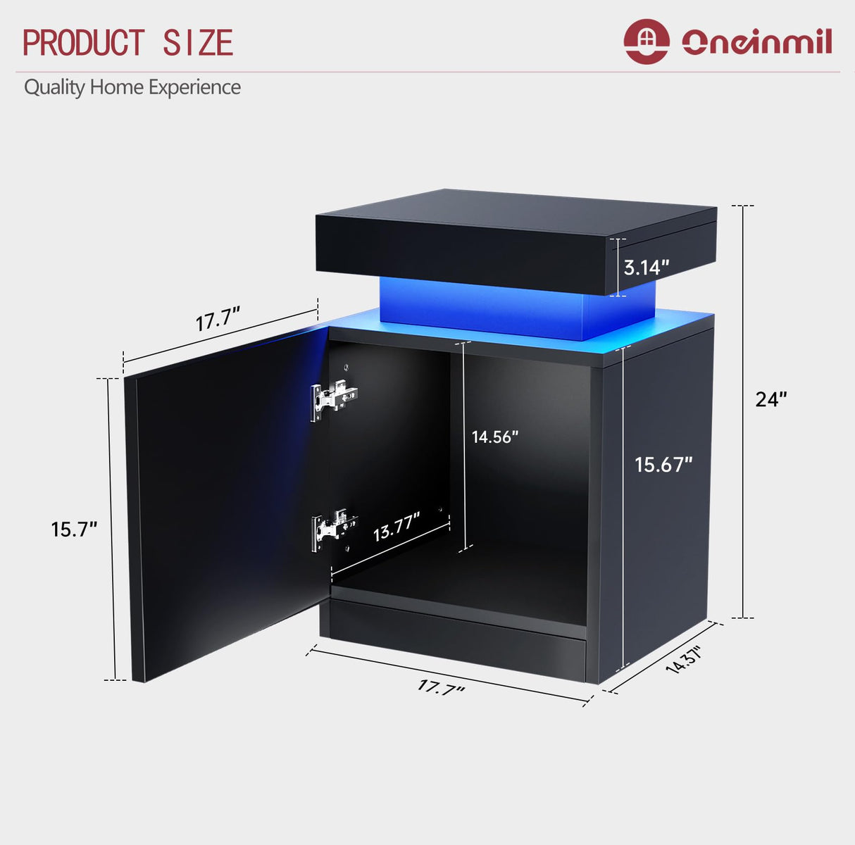 oneinmil Nightstand Set of 2, LED Nightstand with One Cabinet, Bedside Table with LED Lights, Modern End Side Table for Bedroom, Black oneinmil