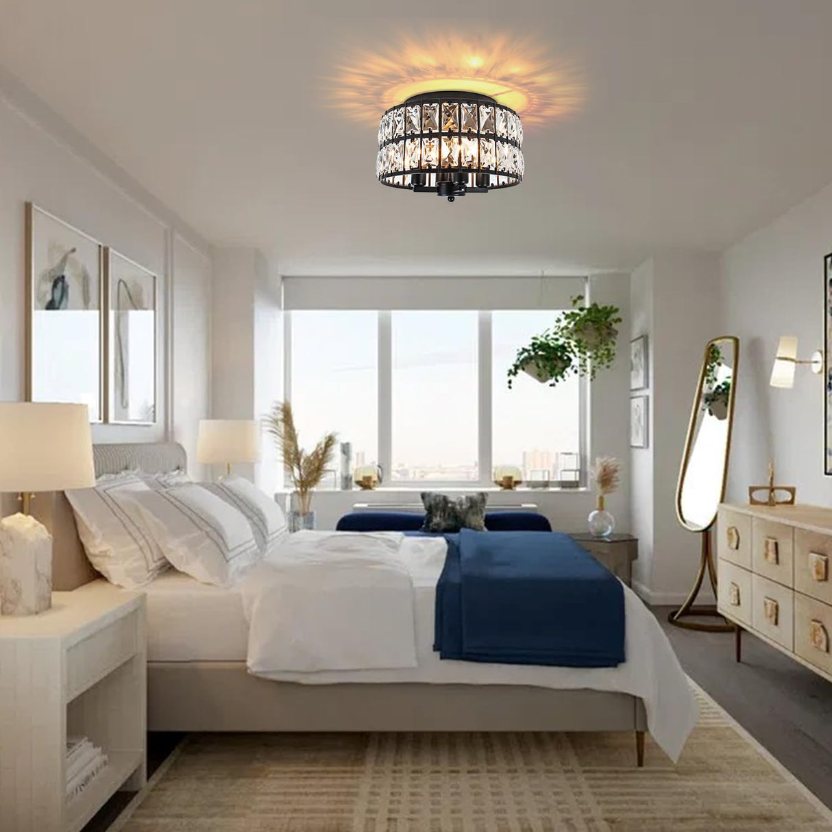 JWLUYN Black Crystal Flush Mount Ceiling Light, 4 Lights Black Dining Room Light Fixtures with E12 Base, Modern Close to Ceiling Light Fixture for Bathroom, Hallway, Kitchen, Bedroom, Entryway JWLUYN