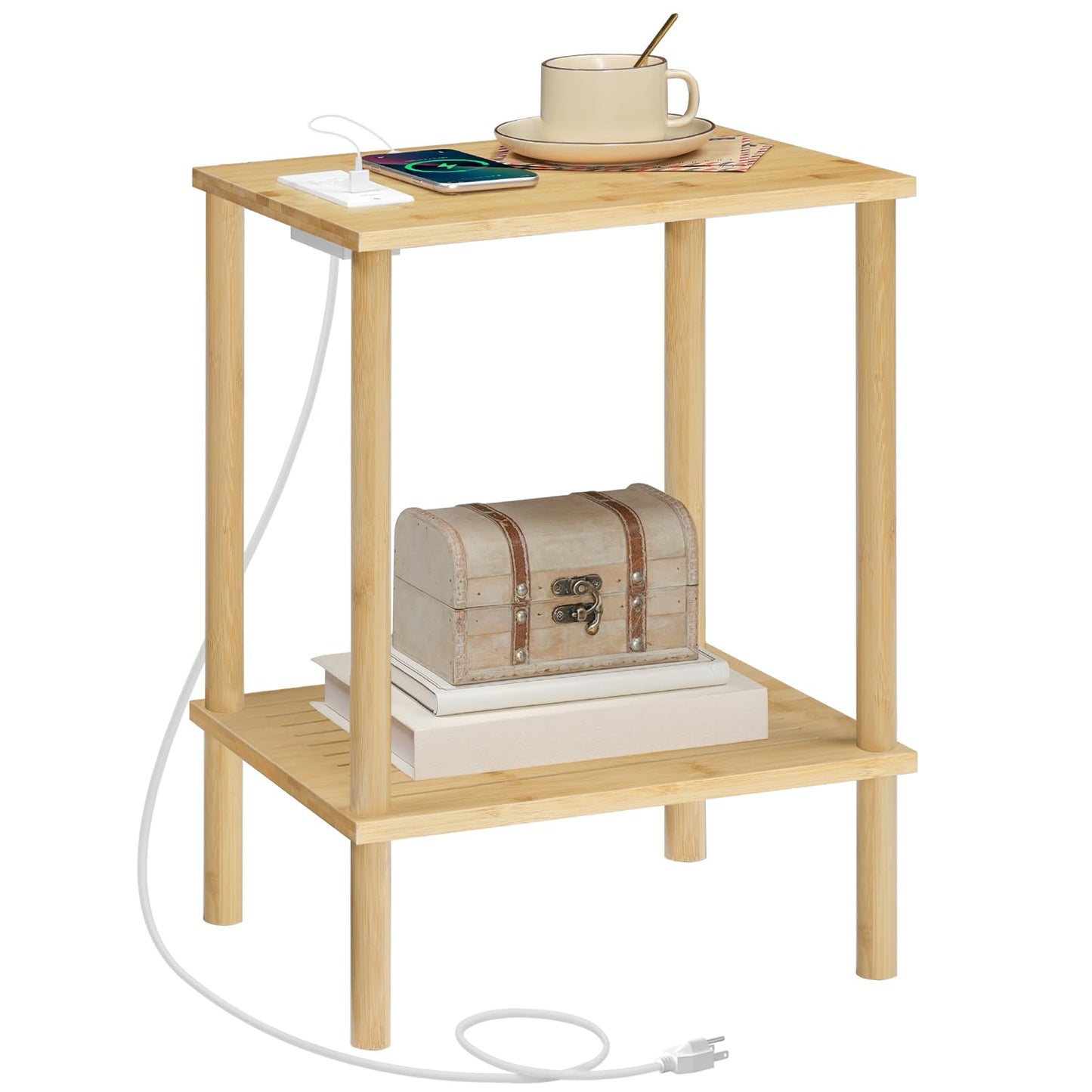 HOOBRO Bamboo Side Table, End Table with Charging Station, 2-Tier Side Table with 1 Outlet and 2 USB Ports, Easy Assembly, for Living Room, Bedroom, Office, Study, Natural YL155UBZ01 - WoodArtSupply