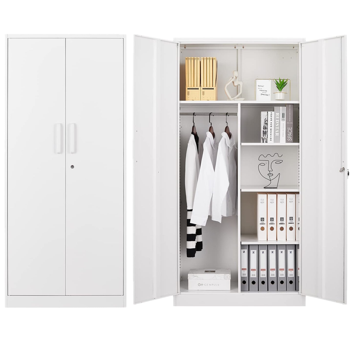 BYNSOE Metal Storage Locker Cabinet, Metal Locker 72” White Tall Steel Wardrobe, Employees Locker with Hanging Rod Shelves and Lockable Doors for Home,School,Office-Assembly Required (White-S - WoodArtSupply