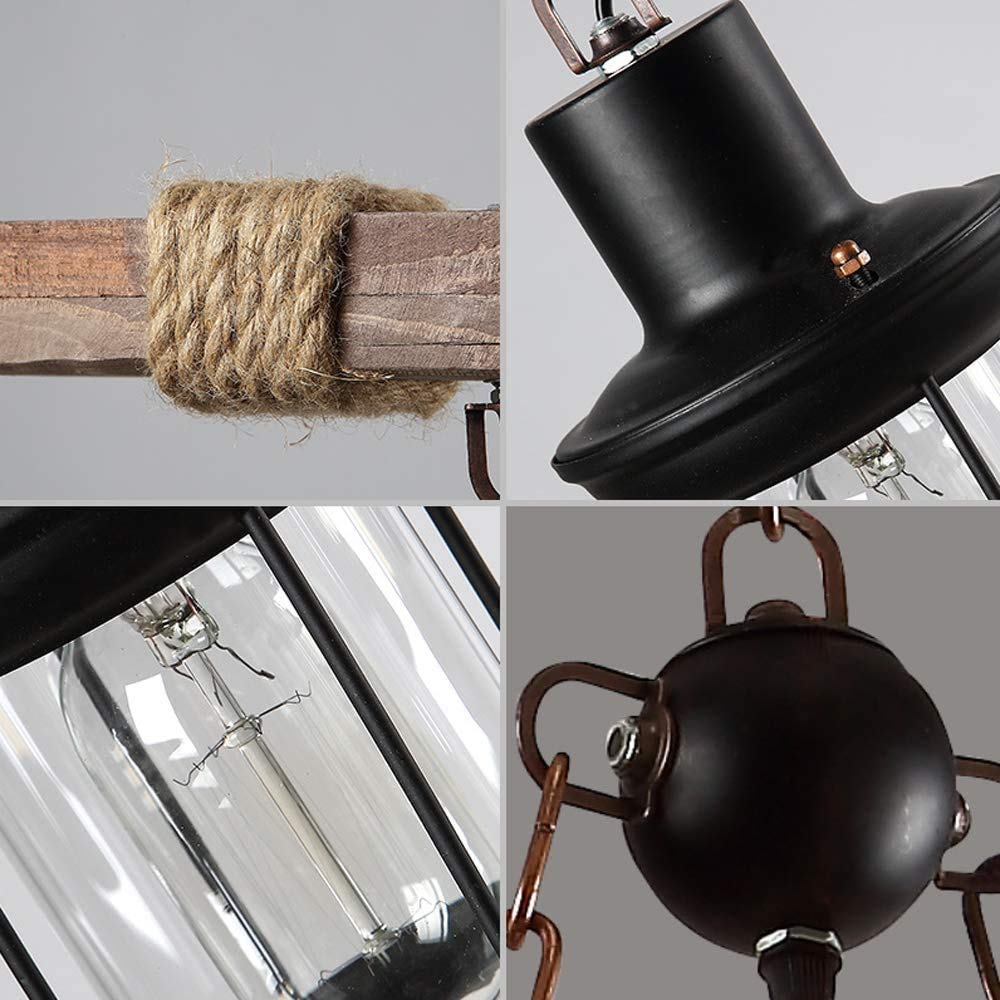 8 Lights Industrial Wooden Hanging Lighting Black Metal Chandelier Farmhouse Vintage Pendant Lamp Glass Lampshade for Pool Table Kitchen Island Bar Retro Ceiling Light Height Adjustable Fixture GHY