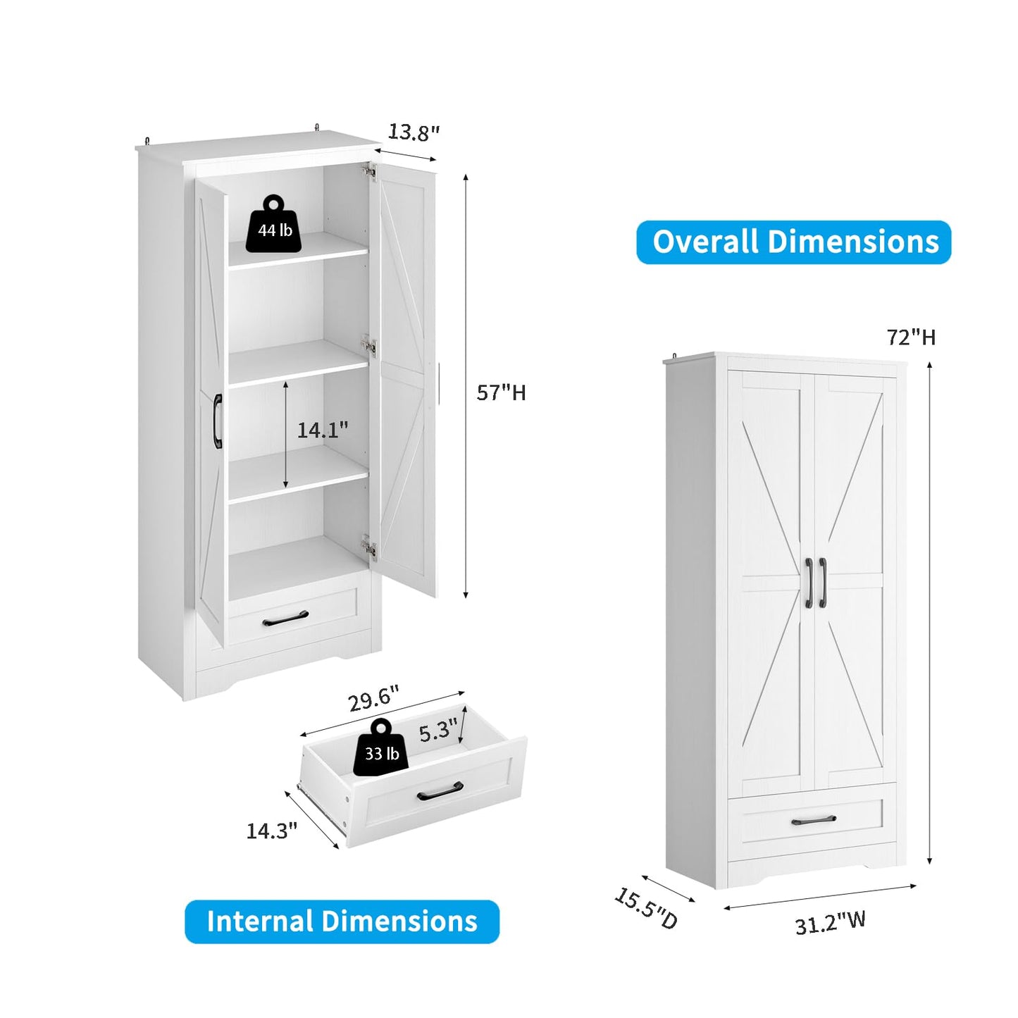 NOVAMAISON Farmhouse Kitchen Pantry Cabinet - 72” Tall Storage Cabinet w/Barn Doors & Adjustable Shelves & Drawer, White Cabinet Freestanding Wood Storage Cabinet for Kitchen, Dining Room, Ba - WoodArtSupply