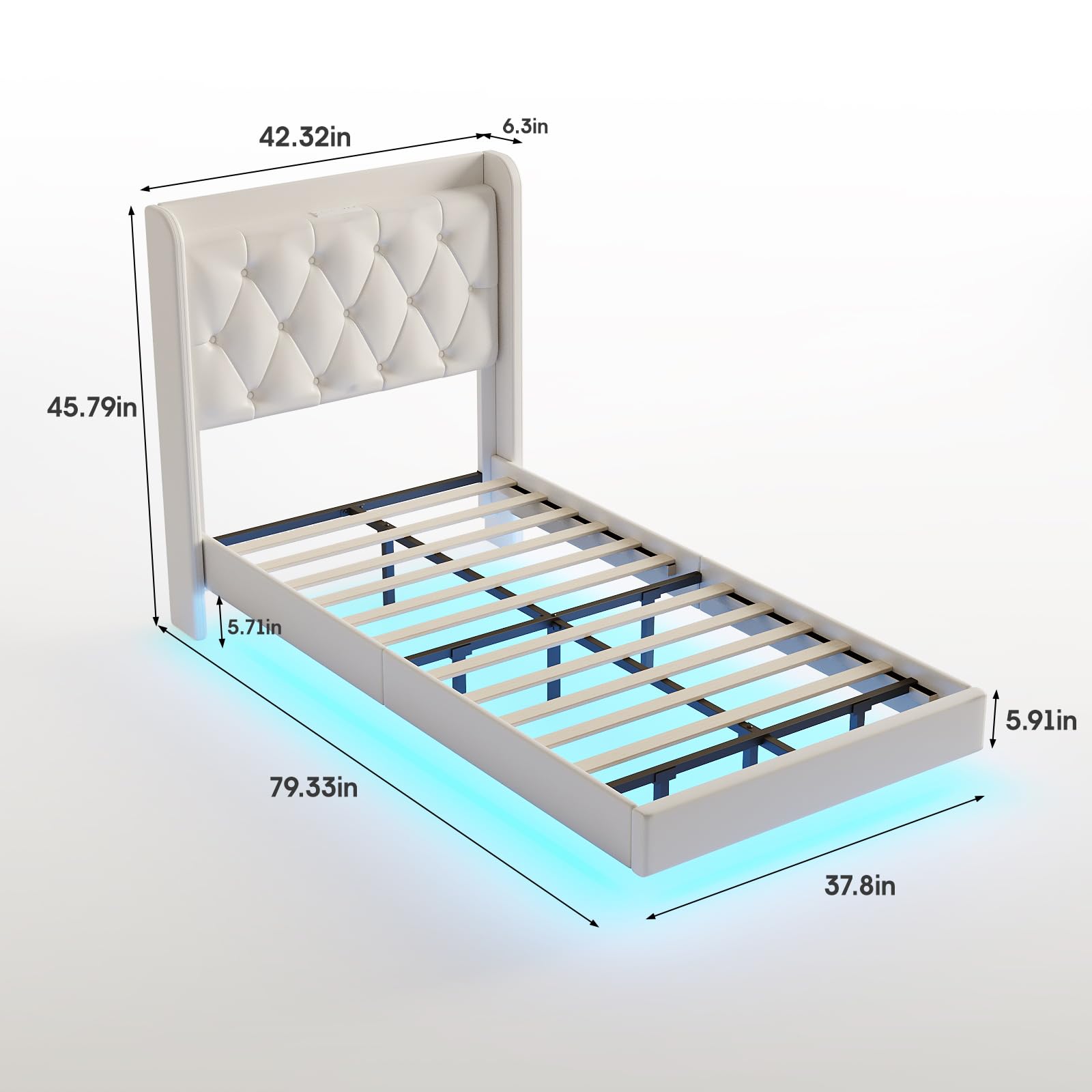 Halitaa Twin Size Floating Bed Frame with LED Lights & Charging Station, White Upholstered PU Leather - WoodArtSupply