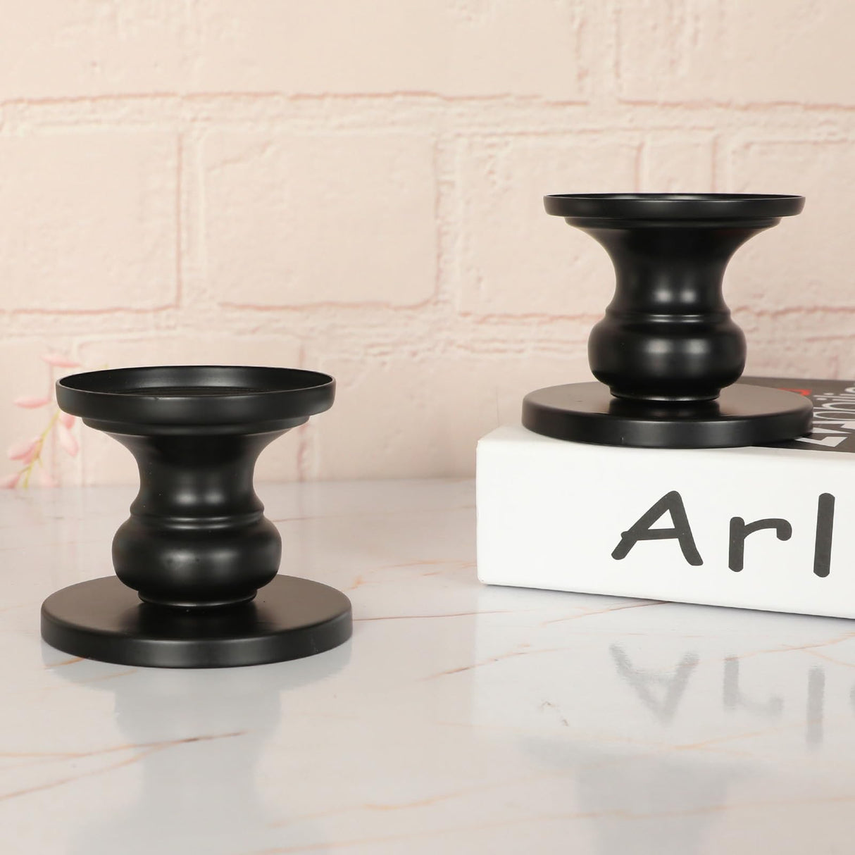 Matte Black Iron Pillar Candle Holders - Set of 2 Candlestick Holders, Metal Candle Holder for Pillar & Taper, Table Mantle Fireplace Farmhouse Home Decor Cagzzee