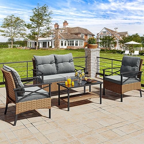 YITAHOME 4-Piece Patio Furniture Wicker Outdoor Bistro Set, All-Weather Rattan Conversation Loveseat Chairs for Backyard, Balcony and Deck with Soft Cushions and Metal Table (Light Brown+Gray - WoodArtSupply