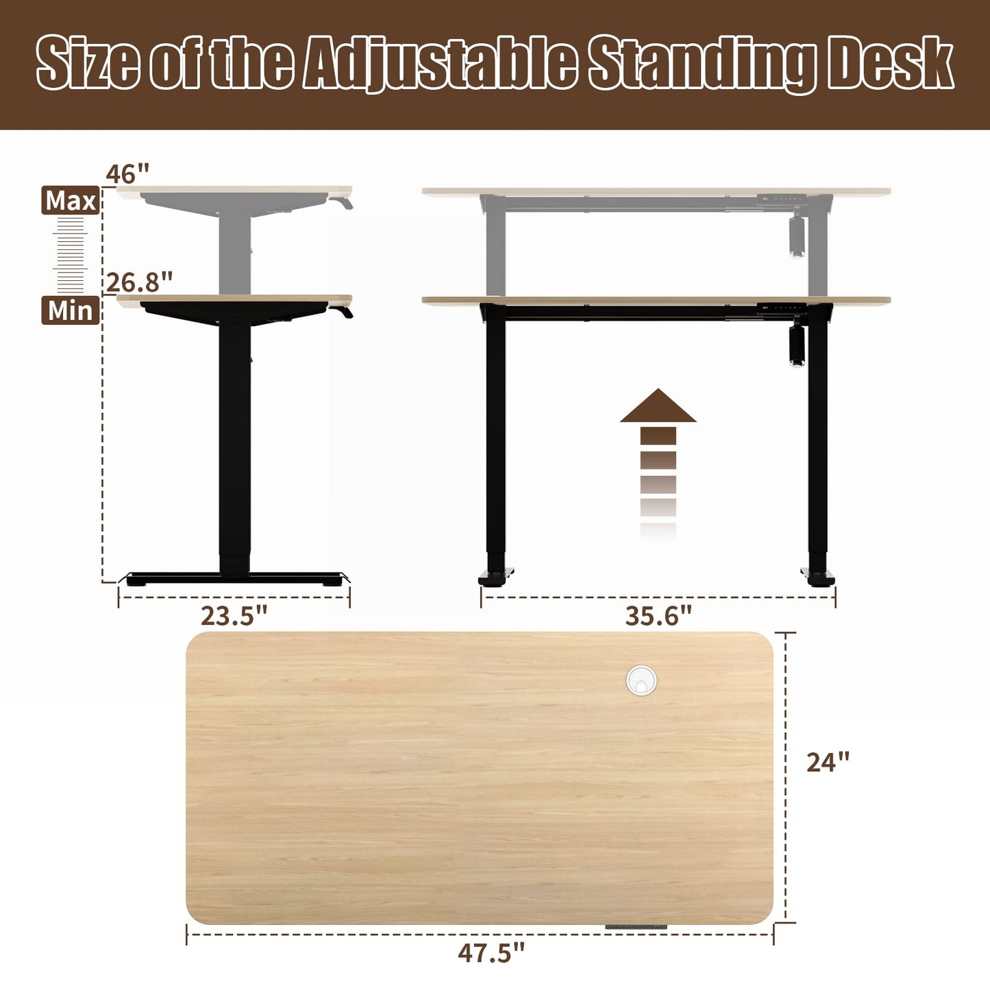 AITERMINAL Height Adjustable Electric Standing Desk, 48 x 24 Inches Sit Stand up Desk, Home Office Desk with Whole-Piece Desktop, Maple Desktop/Black Frame - WoodArtSupply