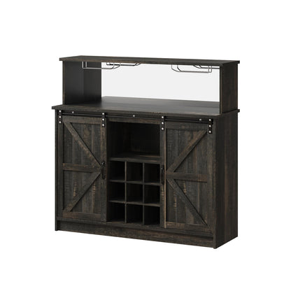 4 EVER WINNER Wine Bar Cabinet with LED Light, 47" Home Bar Cabinet with Wine and Glass Rack, Sliding Barn Doors, Farmhouse Coffee Liquor Cabinet for Dining Living Room, Dark Rustic Brown