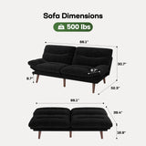 Marsail Futon Sofa Bed, Futon Couch with Adjustable Backrest & Armrests, Convertible Small Sleeper Sofa Bed for Small Apartments, Study Room, Office, Corduroy Loveseat, Black Marsail