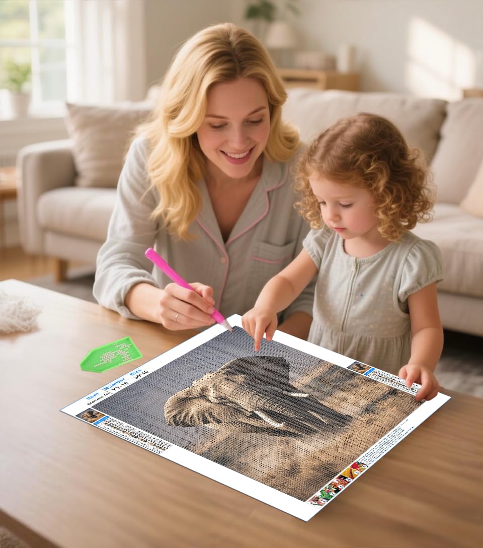 Elephant 5D Diamond Painting Kit for Adults - Wilderness Elephant Full-Drill DIY Round-Drill Art Diamond Painting Set, Suitable for Beginners and Home Wall Decoration 12×16 inch PUSHPIN PAINTING