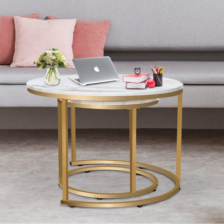 aboxoo Coffee Table Nesting White Set of 2 Side Set Golden Frame Circular Round and Marble Pattern Wooden Tables, Living Room Bedroom Apartment Modern Industrial Simple Nightstand aboxoo