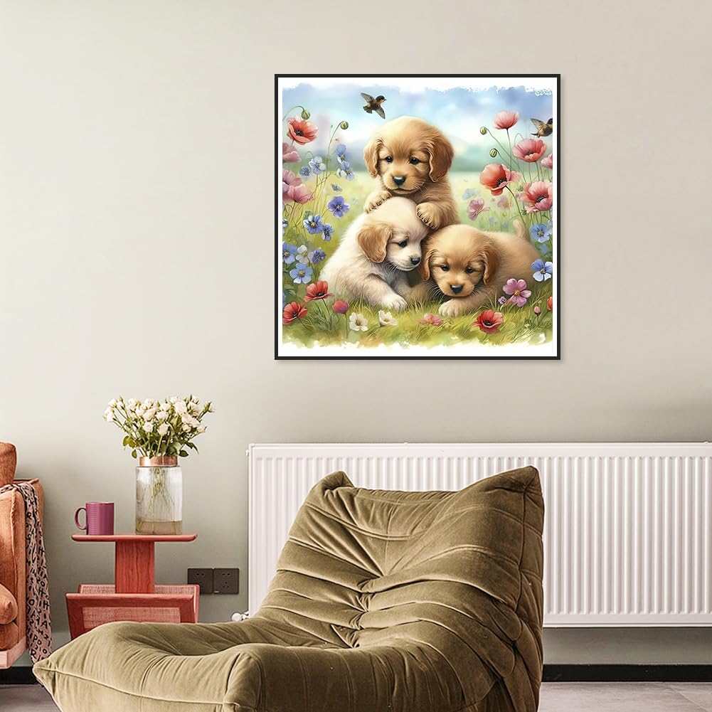 SJUTOUCI Puppy Diamond Painting Kits for Adults, Dog Diamond Art Kits for Beginner, 5D DIY Painting with Diamonds, Full Drill Round Gem Art Craft Home Decor 12x12 inch, Animal SJUTOUCI