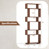 Tangkula 6-Tier S-Shaped Bookshelf, 64" Freestanding Geometric Bookcase, Home Office Wood Storage Shelf with Anti-Toppling Device, Room Divider Display Rack for Study, Living Room (1, Walnut) Tangkula