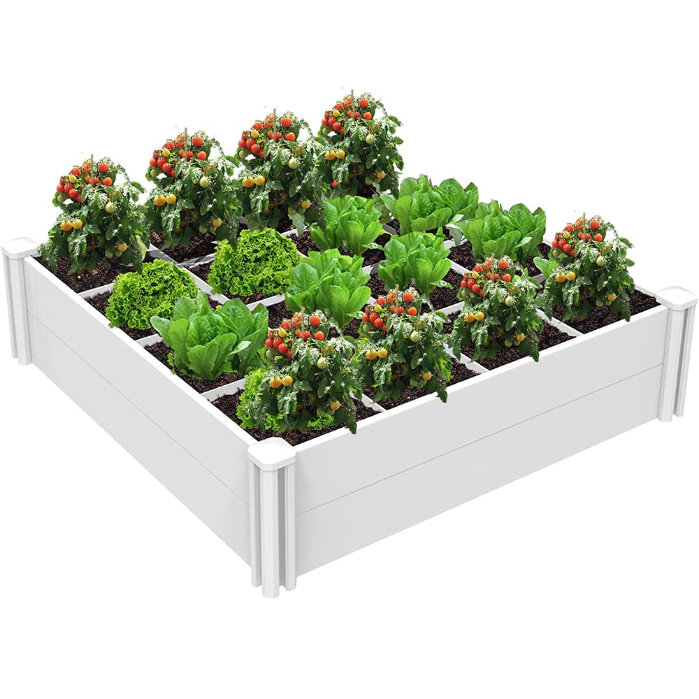 Kdgarden Raised Garden Bed Kit 4'x4' Outdoor Above Ground Planter Box for Growing Vegetables Flowers Herbs, DIY Gardening, Whelping Pen and More, Screwless White Vinyl Garden Bed with Grid - WoodArtSupply