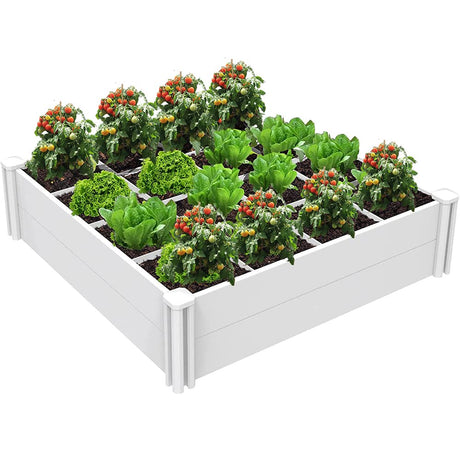 Kdgarden Raised Garden Bed Kit 4'x4' Outdoor Above Ground Planter Box for Growing Vegetables Flowers Herbs, DIY Gardening, Whelping Pen and More, Screwless White Vinyl Garden Bed with Grid Kdgarden
