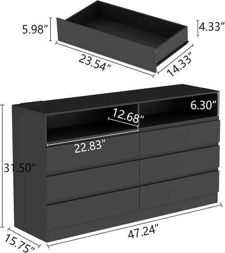 Gyfimoie 6 Drawers Dresser with Power Outlet, Black Chests of Drawers with LED Light, Modern Storage Dresser for Bedroom, Living Room Gyfimoie