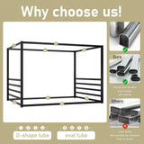 Queen Size Canopy Bed Frame with 4 Posters and Guardrails, Queen Size Montessori Floor Bed with High Fence, Anti Bump Design, Easy Assemble, Metal Montessori Bed Black Bellemave