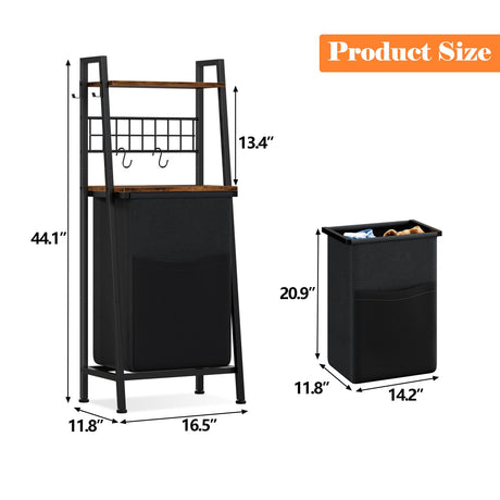 Furnulem 2 Tiers Laundry Hamper with Wooden Shelf and Hooks, Vertical Laundry Basket with Pull-Out and Removable Bag, Clothes Hamper with Divided Bag for Laundry Room, Bathroom, Bedroom, Dorm Furnulem