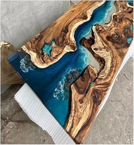 Exquisite Ocean Blue Epoxy Resin Dining Table Coffee Table with Rock and Stone Console Table Side/End Table Living Room Coastal Table Bar Counter Table Home Décor (30" Inches Tall, 60 x 36 Inches) TUZECH