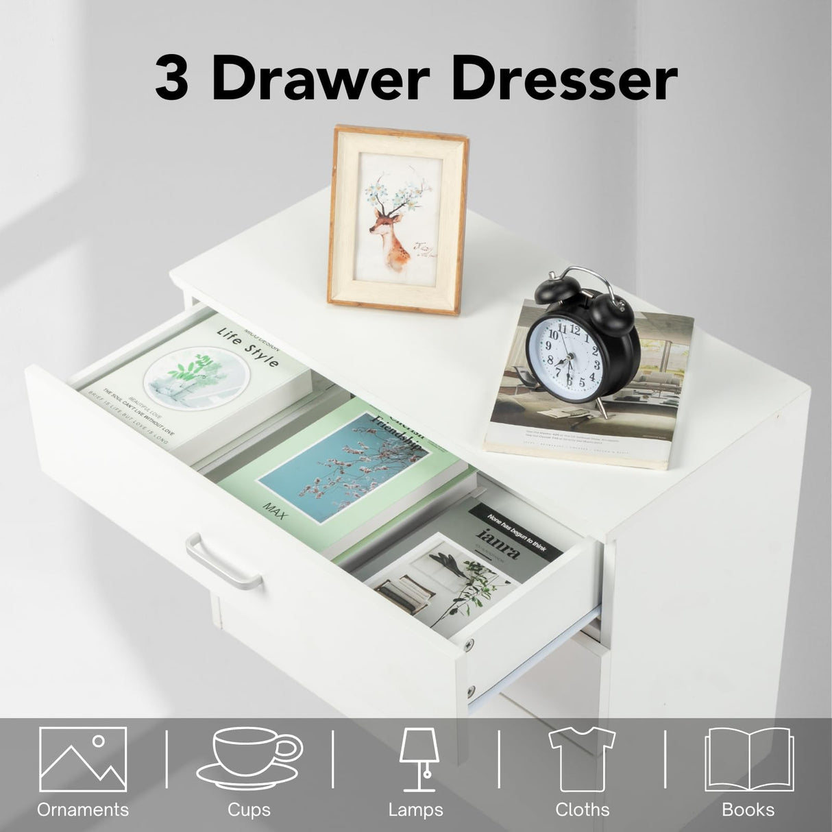 Karl home White 3 Drawer Dresser for Bedroom, Small Nightstand Modern Storage Chest of Drawer Wooden Side Table End Table for Bedroom, Living Room, Reception Room Karl home