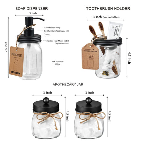 Amolliar Mason Jar Bathroom Accessories Set 4 Pcs -Lotion Soap Dispenser & 2 Cotton Swab Holders & Toothbrush Holder - Rustic Farmhouse Decor, Bathroom Home Decor, Perfect Decorating Idea (Black) Amolliar