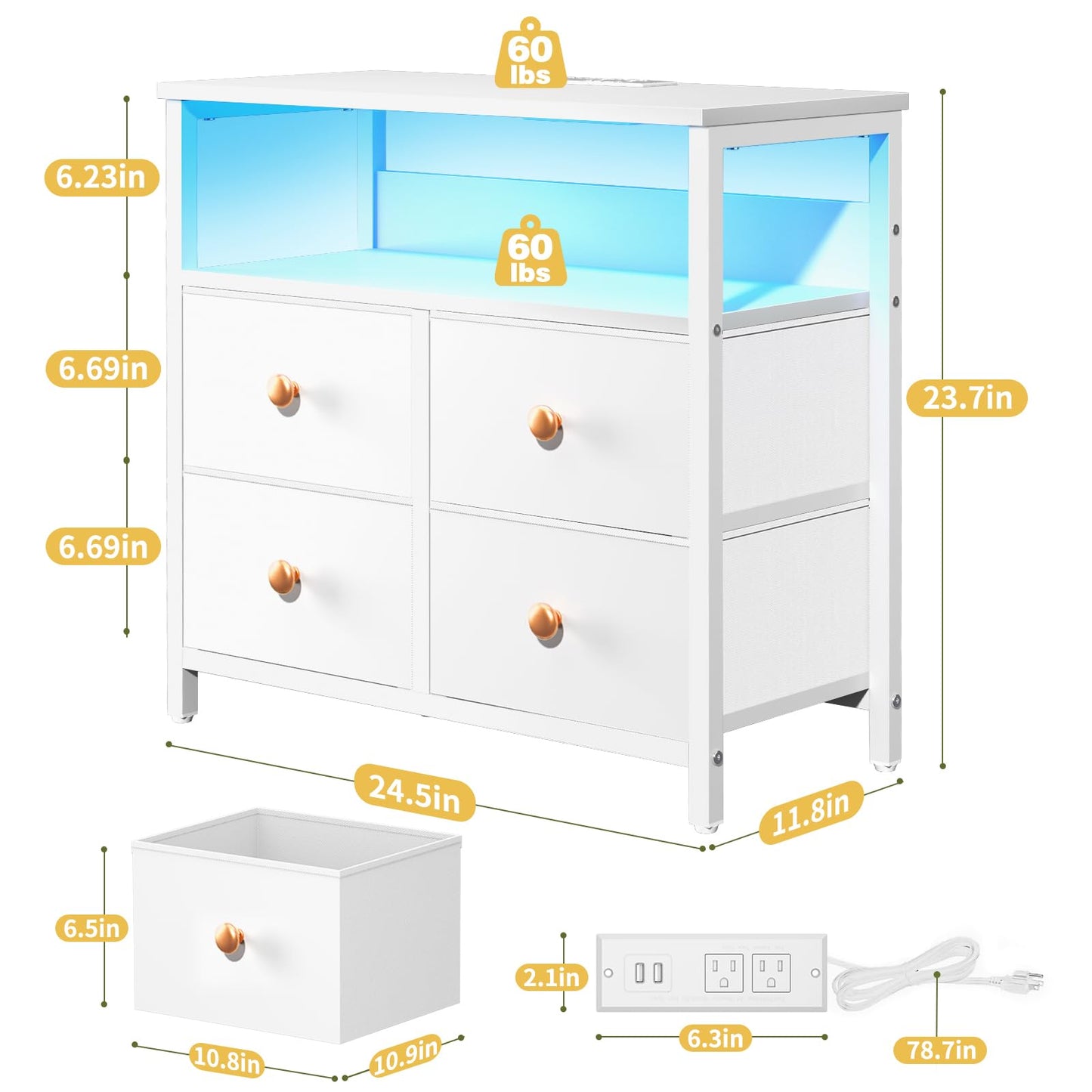 Yoobure Night Stand with Charge Station, Nightstand with 4 Drawers Bedside Table, LED Dresser with Storage Shelf, Night Stands for Bedroom, Side Table 3-Tier Wood End Table for Home, Office White