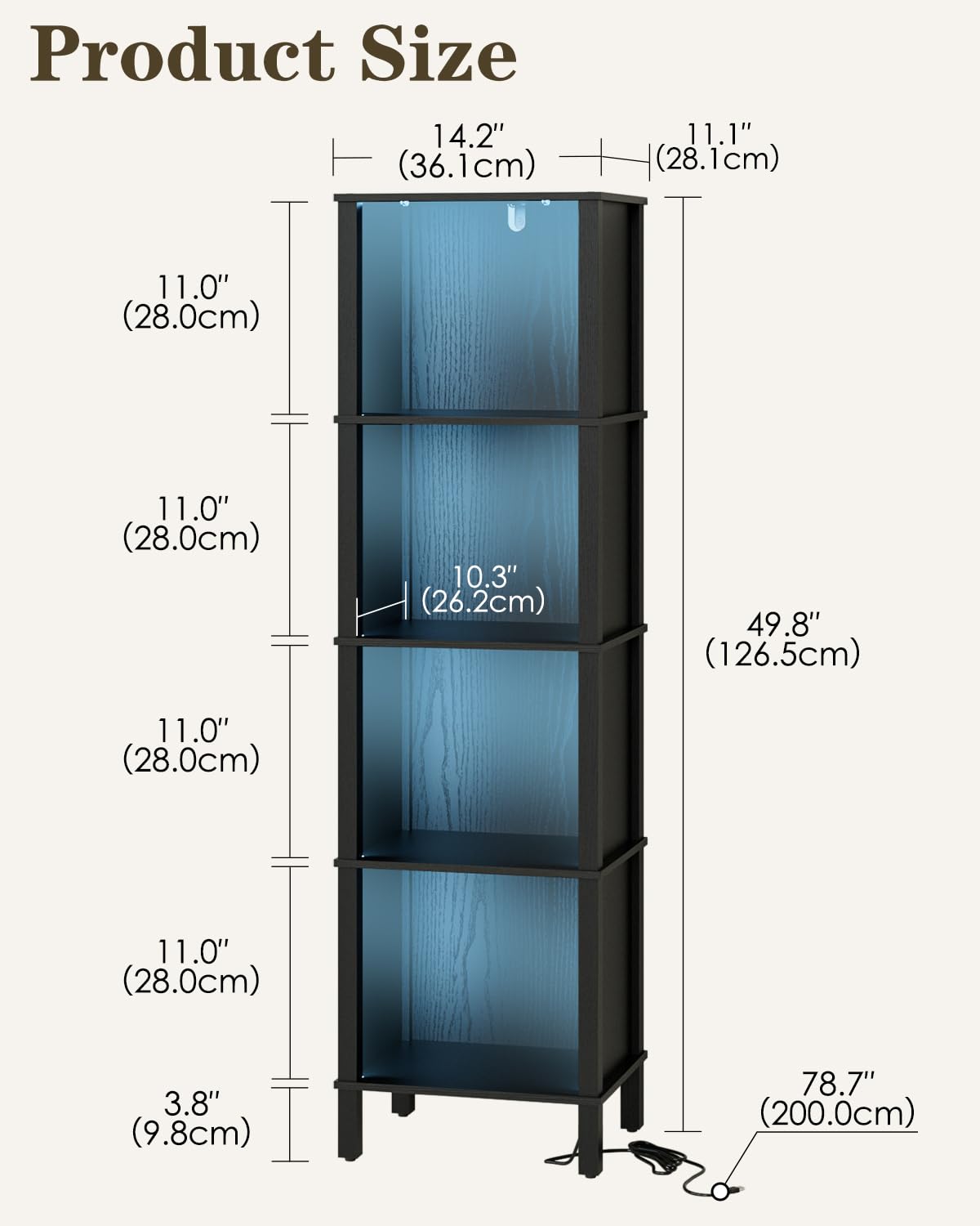 Apetaccat Bookshelf with LED Lights, Modern 4-Tier Bookcase, Open Storage Book Shelf, 11 × 14.2 × 50.4 Inches, Small Narrow Bookshelves for Living Room, Home Office, Bedroom, Black Apetaccat