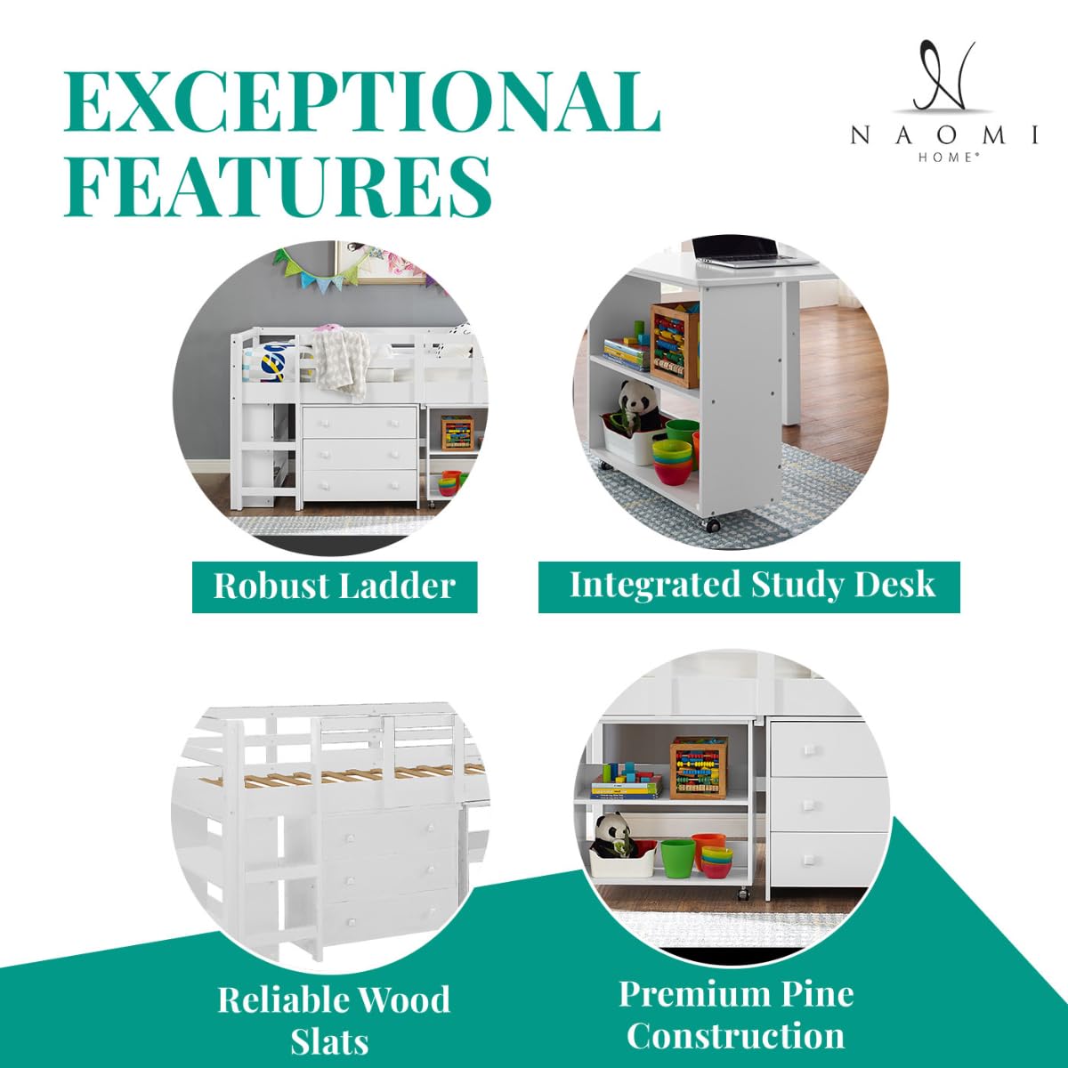 Naomi Home Twin Size Loft Bed with Storage, Desk, Cabinet Ladder, Low Study Pine Wood for Kids, Safety Guard Rails, Bookcase Shelf, White Naomi Home