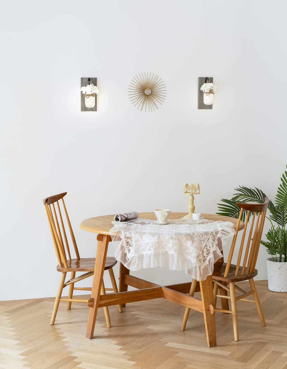 Mkono Wall Sconces Rustic Sconces Set of 2 Farmhouse Mason Jars Bathroom Decor Wood Boards with Fairy Lights and Flowers Fall Wall Decor for Home Kitchen Living Room, White Mkono