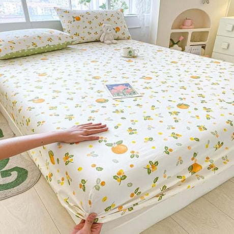 100% Cotton Fitted Sheet with Elastic Band +2pc Pillowcases Orange Fruit Print Double Queen Cal-King Size Mattress Cover for Girls Boys B99A (Queen (U.S. Standard)) Generic