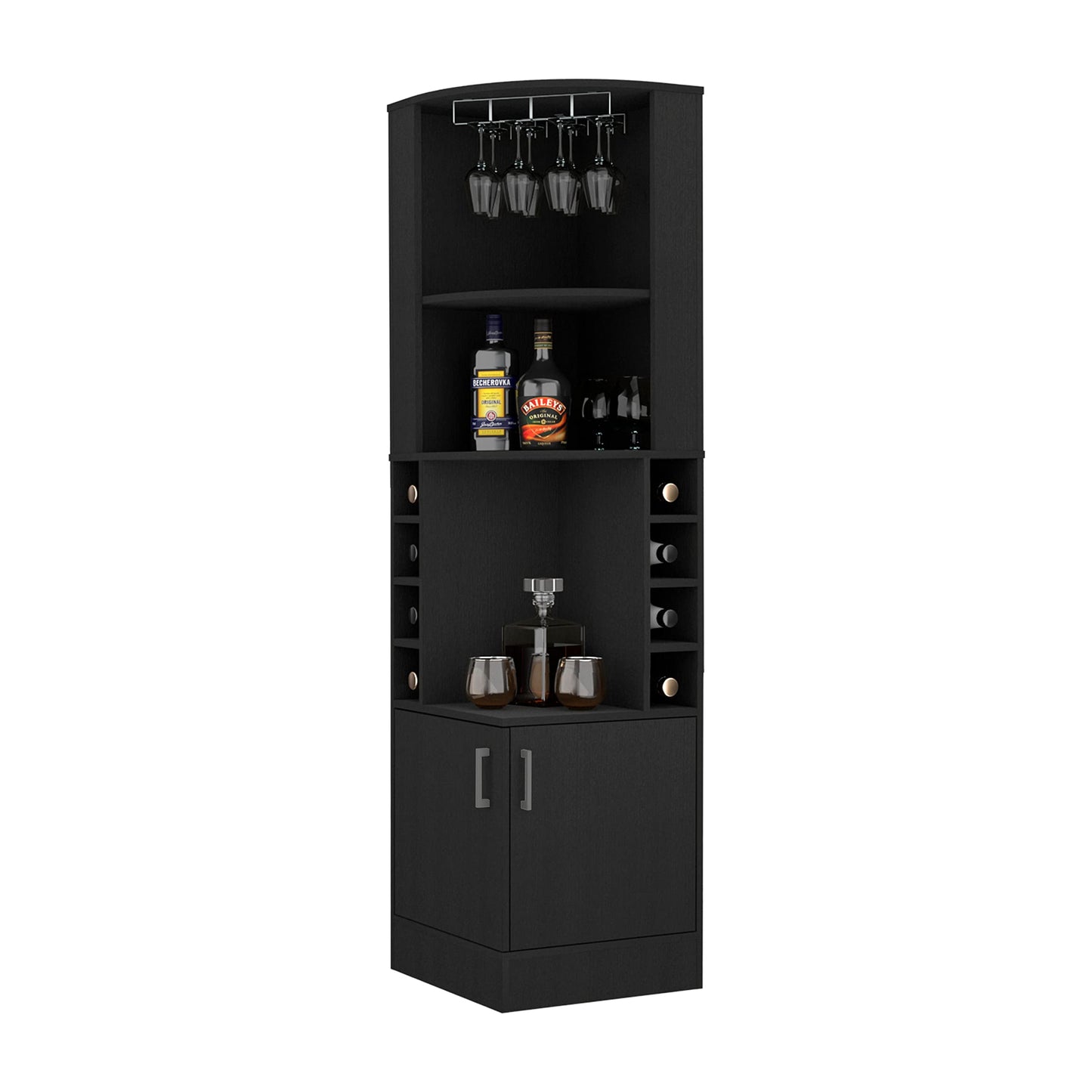 FM FURNITURE Delhi Corner Bar Cabinet, Eight Wine Cubbies, Glass Rack, Double Door Cabinet for Living Room