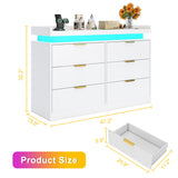 6 Drawer Dresser for Bedroom, White Dresser with LED Lights and Power Outlet, Modern Chest of Drawers for Closet, Double Wide Drawer Organizer Cabinet for Bedroom, Living Room, Entryway, Hallway knoworld