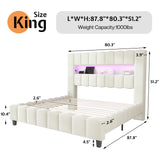 Jocisland King Bed Frame with 51.2" Tall Headboard, LED Lights & Charging Station, Velvet Upholstered Platform, No Box Spring Required, Cream Jocisland