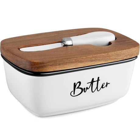 Butter Dish with Lid and Knife for Countertop, Airtight Butter Keeper for Counter or Fridge, Ceramic Butter Container with Thick Acacia Wood Lid, for Farmhouse Kitchen Decor and Accessories, White ALELION
