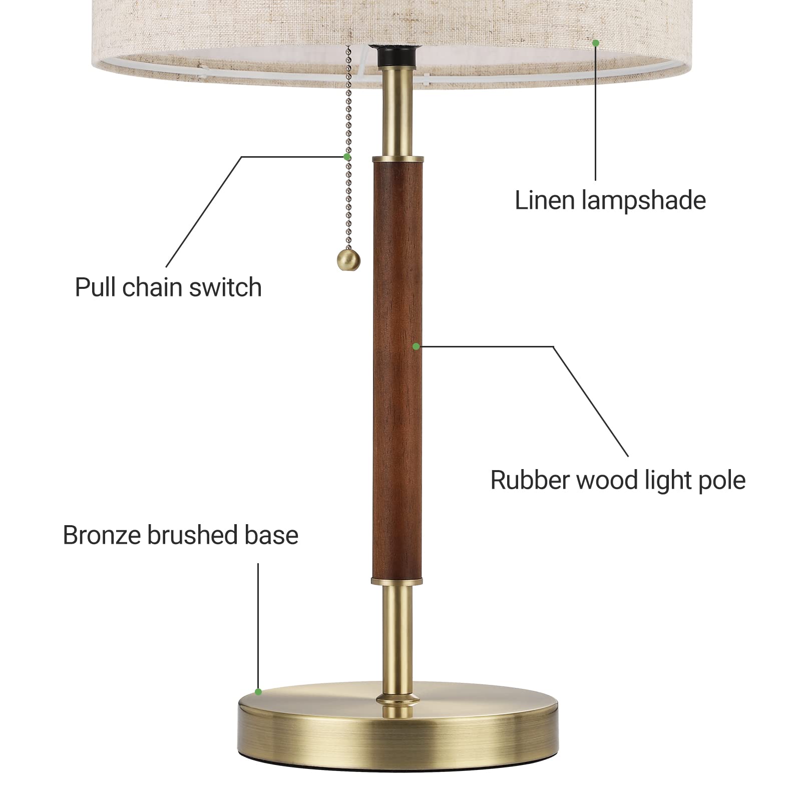 EDISHINE Mid Century Table Lamp, Bedside Lamp with Pull Chain Switch, Solid Wood & Metal Pole, Modern Nightstand Table Lamp for Living Room, Bedroom, Office, Frosted Bronze & Wood Finish - WoodArtSupply