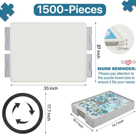 Playboda 1500 Pieces Rotating Plastic Puzzle Board with Drawers and Cover, 35"x27" Portable Jigsaw Puzzle Table for Adults, Lazy Susan Spinning Puzzle Boards (Patent Design) Playboda