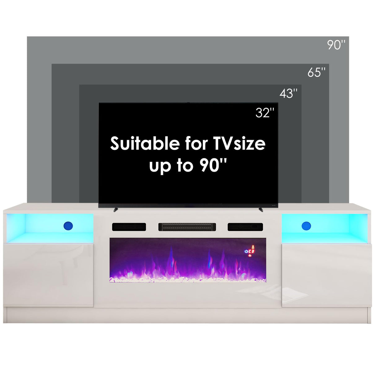 AMERLIFE 80" TV Stand with 40" Electric Fireplace Large Modern Matte Texture Media Entertainment Center with Highlight Storage Cabinet and 12 Colors LED Lights for TVs Up to 90", 80 inches, White AMERLIFE