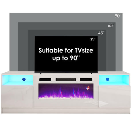 AMERLIFE 80" TV Stand with 40" Electric Fireplace Large Modern Matte Texture Media Entertainment Center with Highlight Storage Cabinet and 12 Colors LED Lights for TVs Up to 90", 80 inches, White AMERLIFE