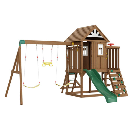 VEVOR Wooden Swing Set, 10 in 1 Playground Sets for Backyards, 2 Swings, 6FT Slide, Trapeze Bar, Flat Step Ladder,Large Upper Fort with Kitchen Toys, Rock Wall, Picnic Table, Sandbox, Scaling Ladder VEVOR