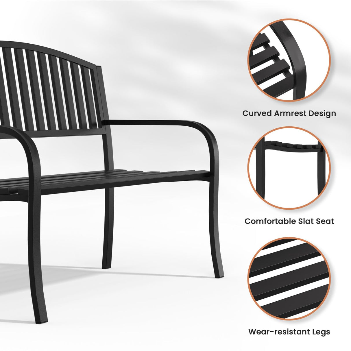 Granper Garden Bench, 50" Outdoor Bench, 660LBS Wrought Iron Porch Bench, Patio Bench with Armrests for Garden Lawn or Yard, Black Granper