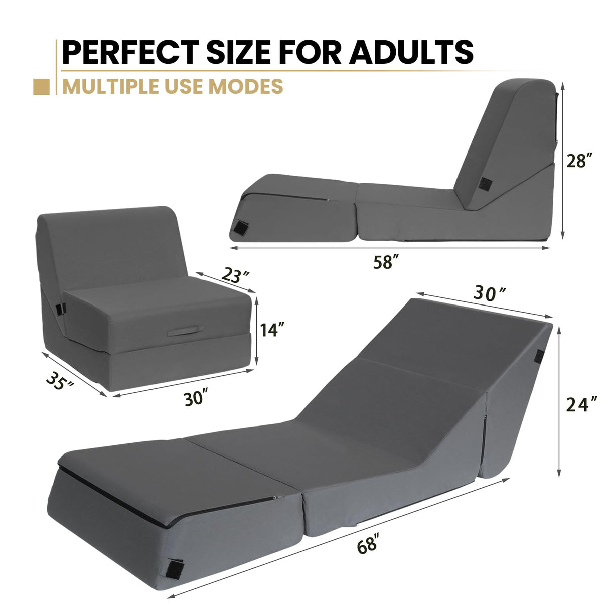 jela Outdoor Chaise Lounge, Waterproof Folding Sofa Bed Lounge Chair, UV Resistant Folding Lounge Chair with Machine Washable Cover, Soft Foam Patio Sofa Chairs Pool Lounge Chaise Chairs (Darkgrey) jela