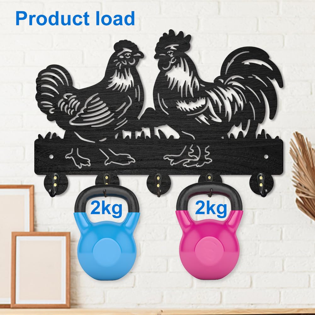 MAYJOYDIY Rooster Hen Coat Hooks Wall Mount Wood Farmhouse Animal Mushroom Key Holder for Wall 11.8×7.9inch Decorative Key Rack 5 Alloy Hooks for Gift Hallway Entryway Kitchen Farm Decor MAYJOYDIY