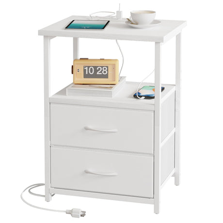 Fixwal White Night Stand with Charging Station, Bedroom Nightstand with Fabric Drawers, Bedside Table with PU Finish Fixwal